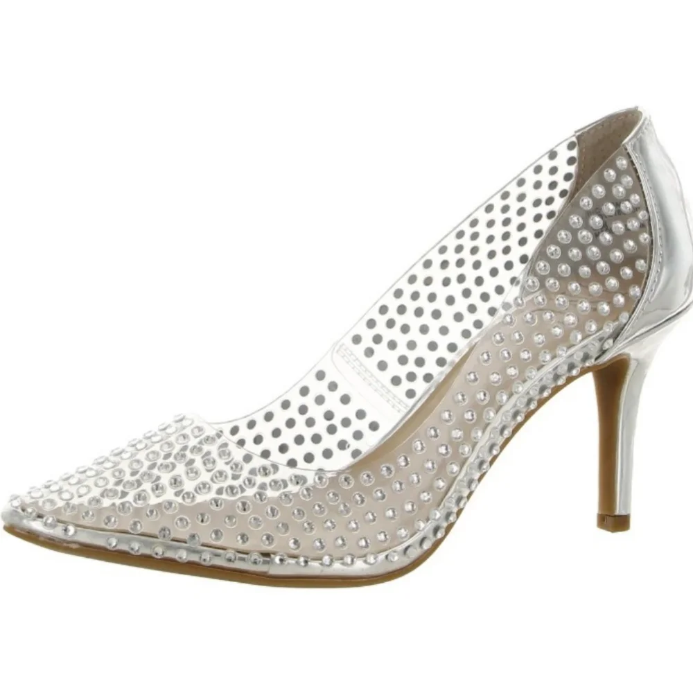 NWT Womens sexy bridal heels Size 8W Clear Vinyl Rhinestone Silver heels 8 wide - Picture 7 of 17